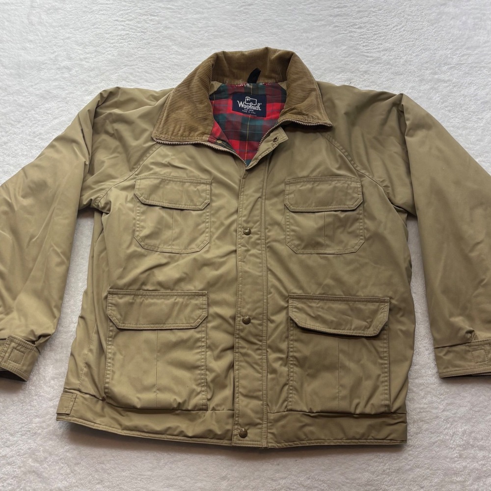 Woolrich Mens Tan Field Jacket Plaid Flannel Lined Corduroy Collar Made in USA